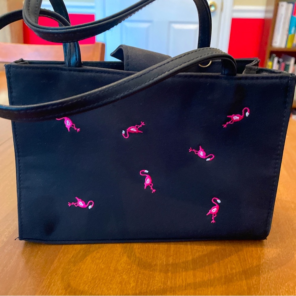 Black Flamingo Embroidered Handbag